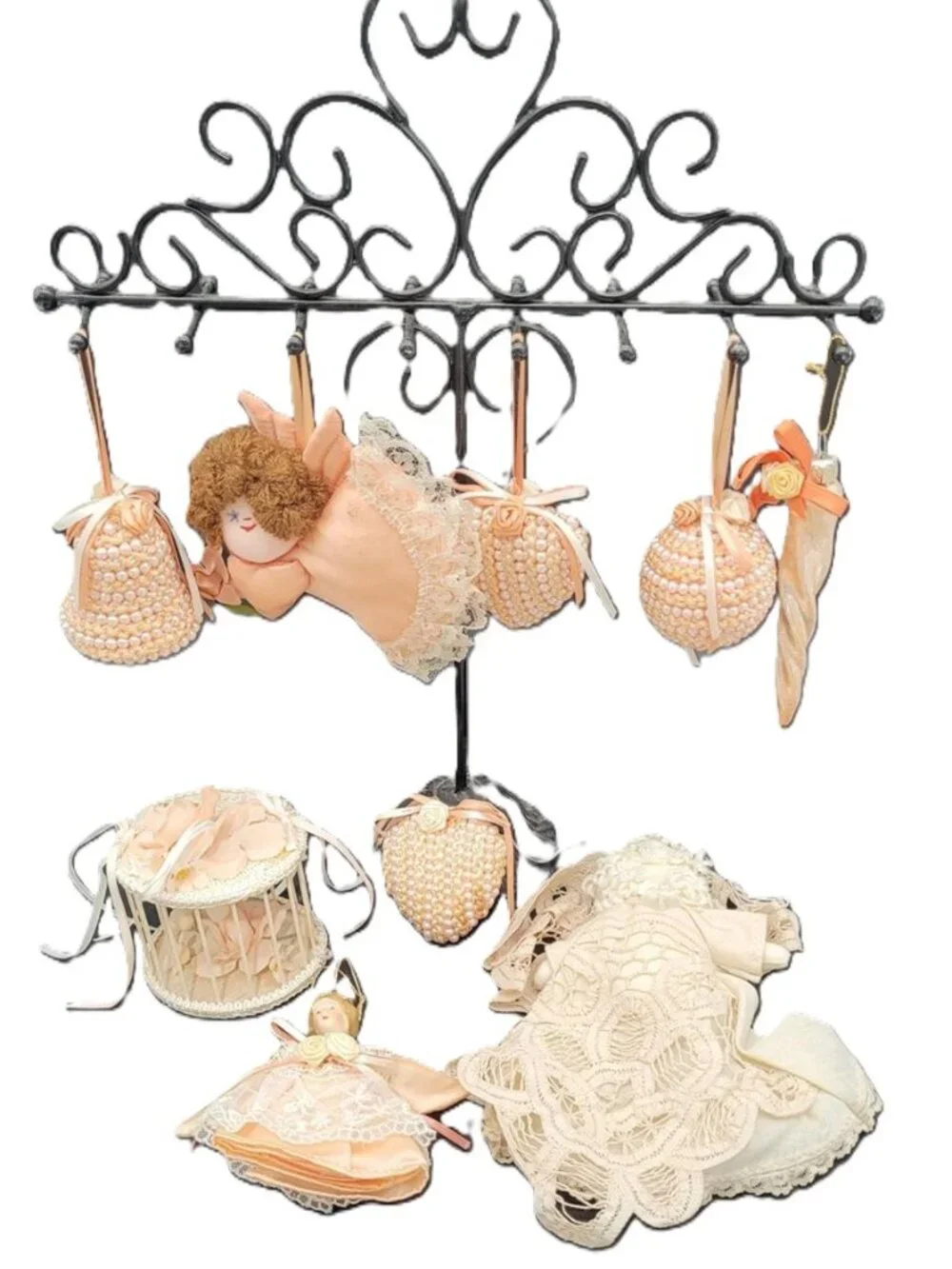 Vintage Handmade Crochet Pale Pink Christmas Ornaments, Set of 9